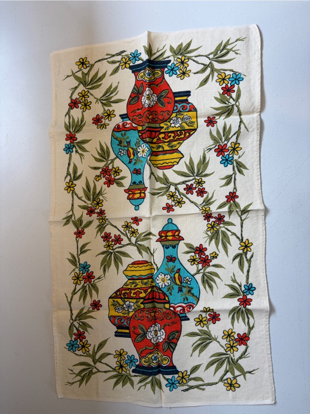 Vintage MCM 1960s Kitsch Ginger Jar Tea Towel Retro Kitchen Linen Cottage Decor